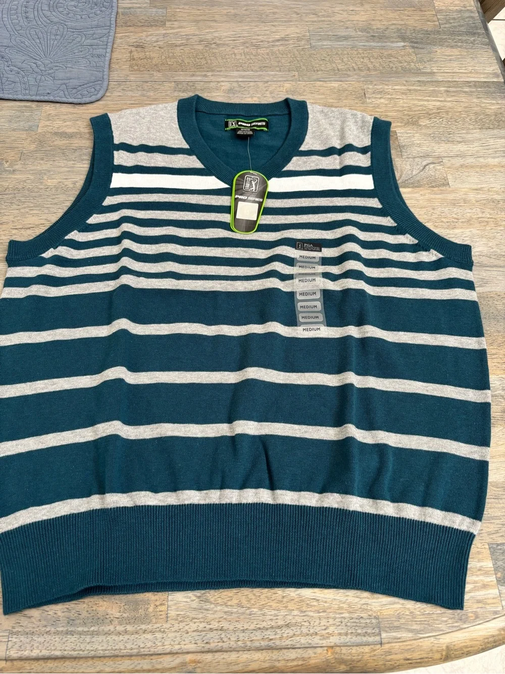 PGA Tour Teal, Gray & White Striped V-Neck Sweater